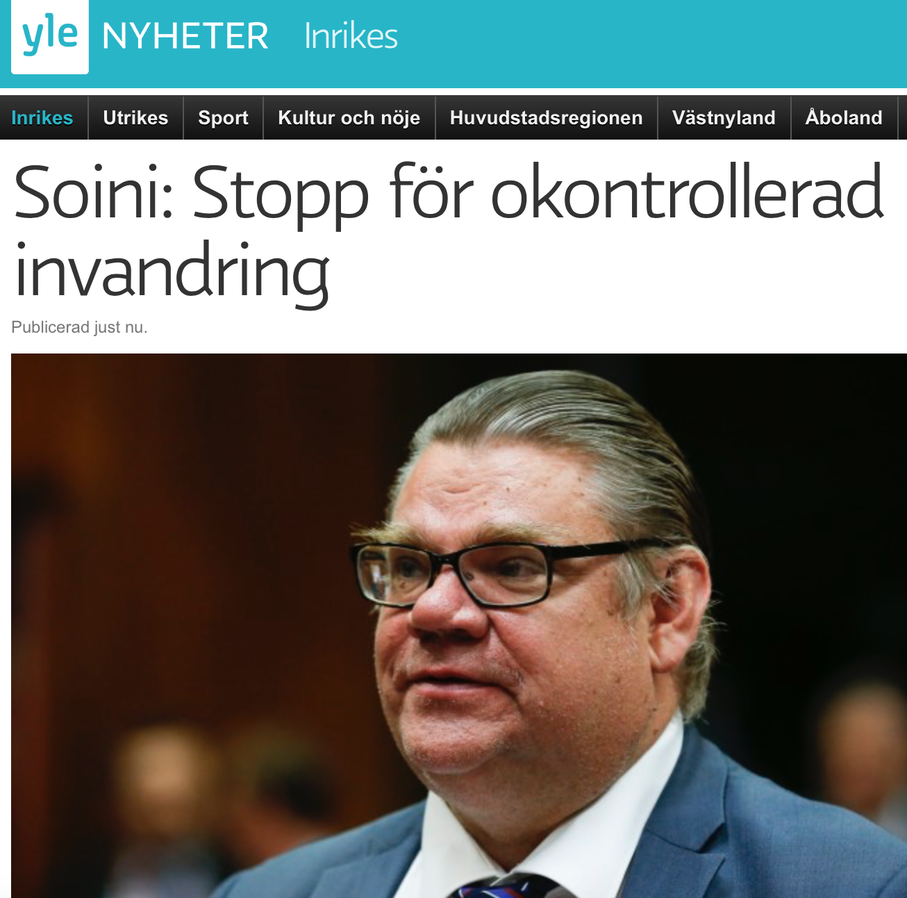 Soini Stopp för okontrollerad invandring Yle 10.10 2015
