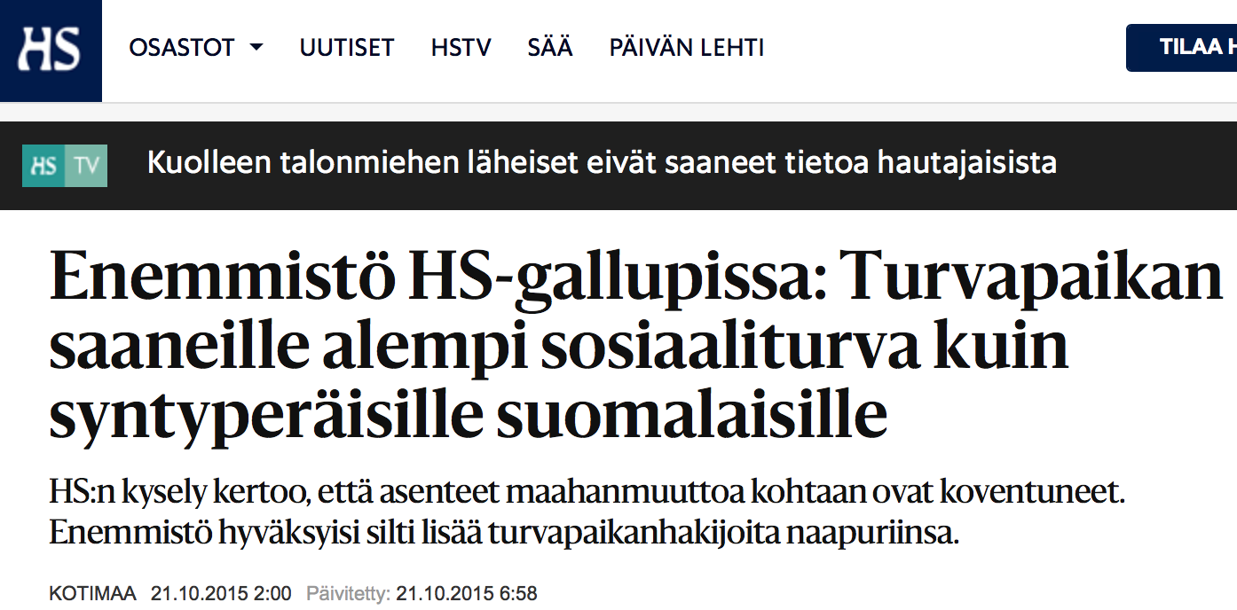 Turvapaikan saaneille alempi sosiaaliturva HS 21.10 2015