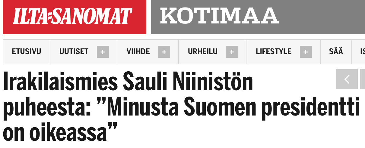 Irakilaismies Sauli Niinistön puheesta Ilta-Sanomat 4.2 2016